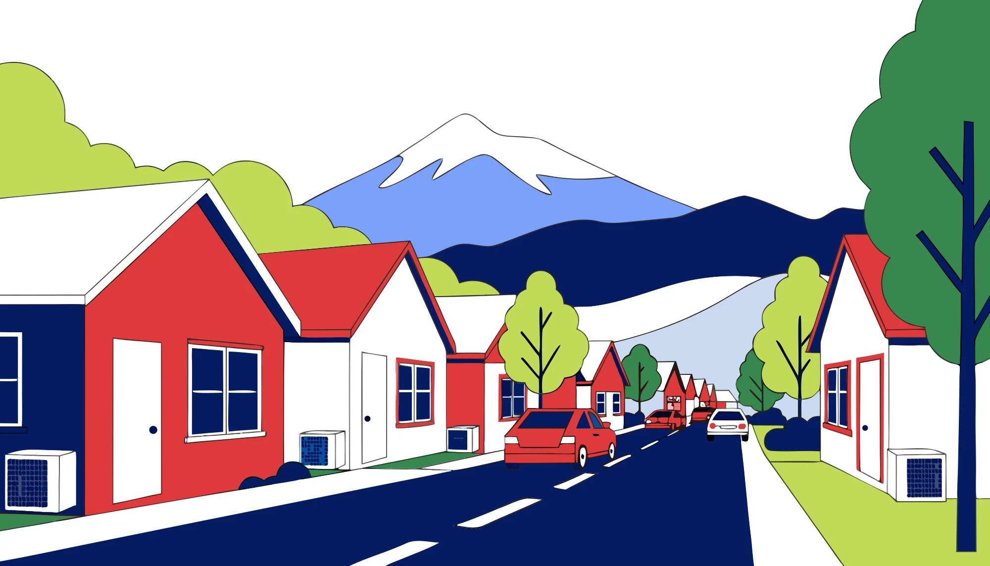 Illustration of a Canterbury neighbourhood with heat pumps on the houses